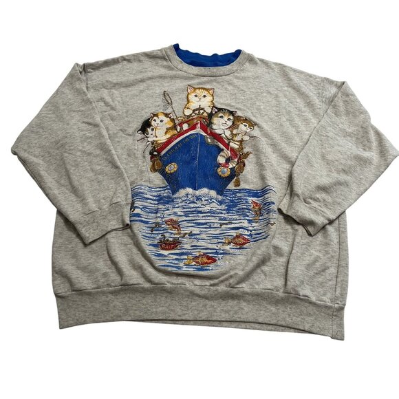 Basic Editions Vintage Kittens Fishing Crewneck in Grey Blue - Picture 1 of 4